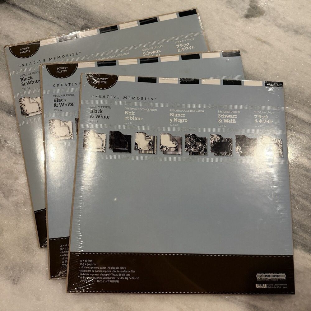 Creative Memories 12x12” Black & White Designer Prints Paper Packs x3 NEW SEALED
